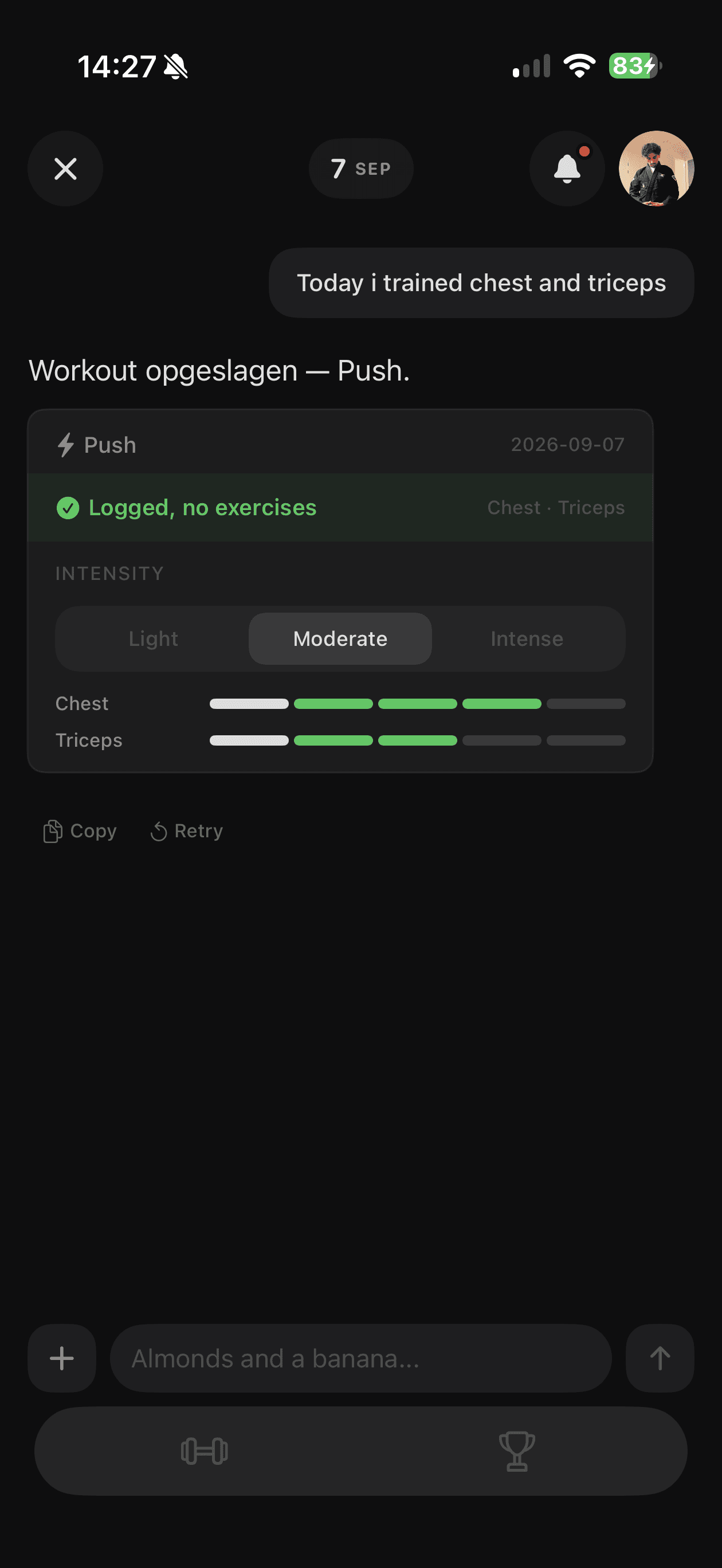 Chat with Carve: 'Today i trained chest and triceps', saved as a Push workout with chest and triceps filled in.